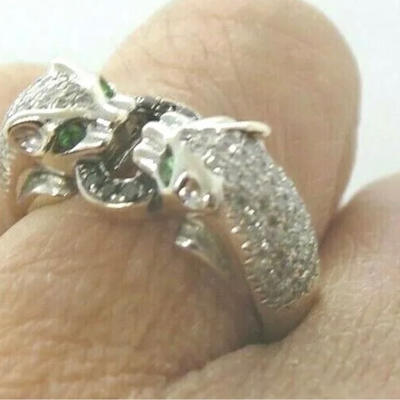 18K WHITE SOLID GOLD LADIES PANTHER DIAMOND and EMERALD RING - Picture 12 of 13